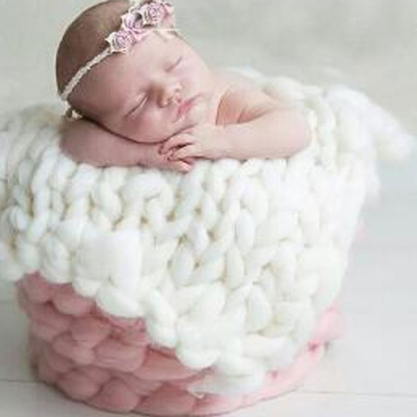 50x50cm New Born Baby Knitted Wool Blanket Newborn Photography Props Chunky Knit Blanket Basket Filler(White)