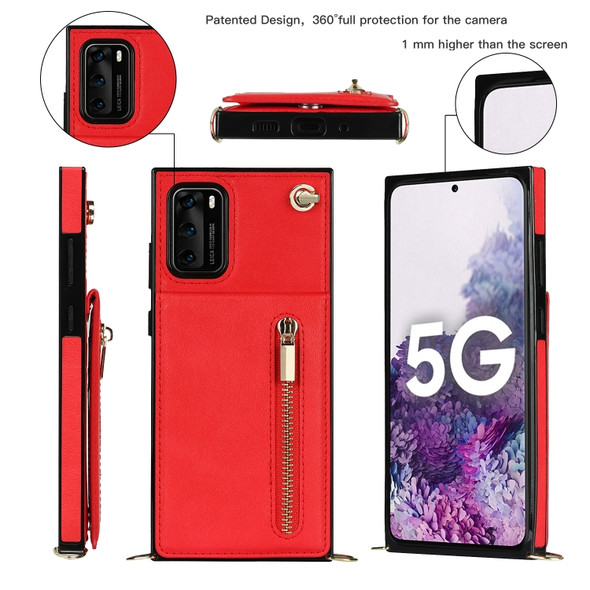For Huawei P40 Pro Cross-body Zipper Square TPU+PU Back Cover Case with Holder & Card Slots & Wallet & Strap(Red)