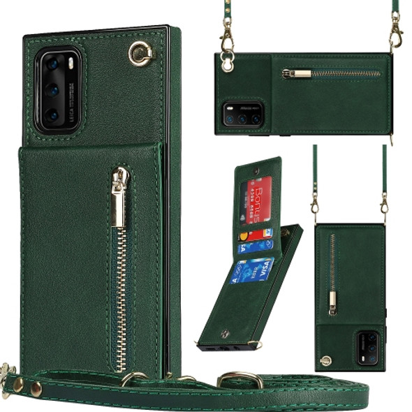 For Huawei P40 Cross-body Zipper Square TPU+PU Back Cover Case with Holder & Card Slots & Wallet & Strap(Green)