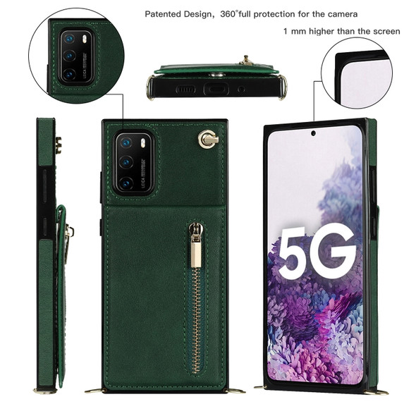 For Huawei P40 Cross-body Zipper Square TPU+PU Back Cover Case with Holder & Card Slots & Wallet & Strap(Green)