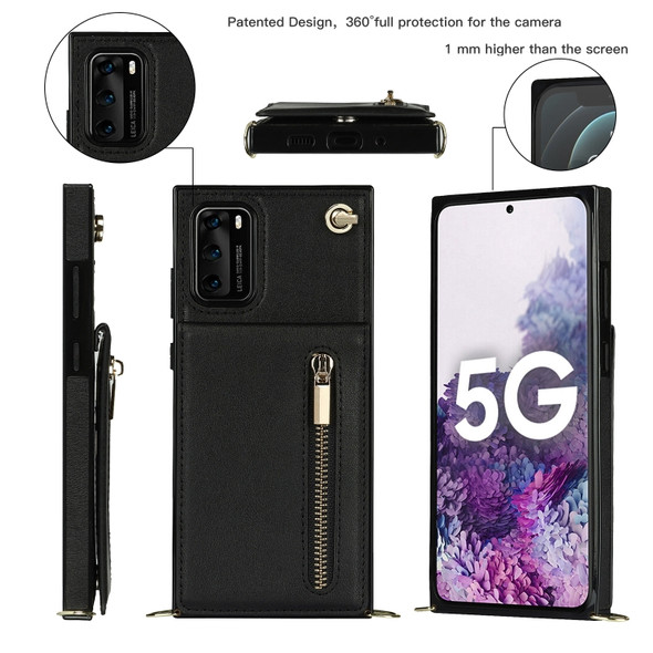 For Huawei P40 Cross-body Zipper Square TPU+PU Back Cover Case with Holder & Card Slots & Wallet & Strap(Black)