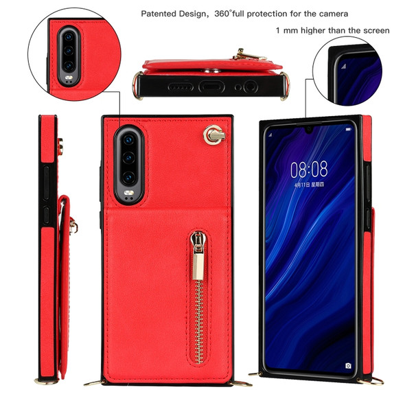 For Huawei P30 Cross-body Zipper Square TPU+PU Back Cover Case with Holder & Card Slots & Wallet & Strap(Red)