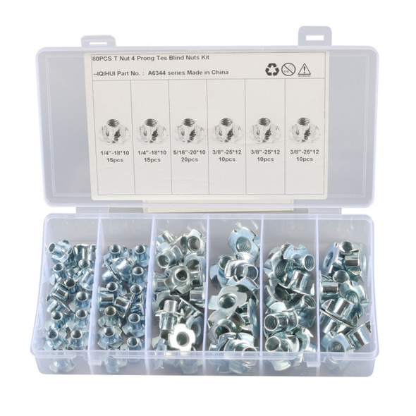 A6344 80 PCS T-Nut 4 Pronged Tee Blind Nuts Assortment Kit