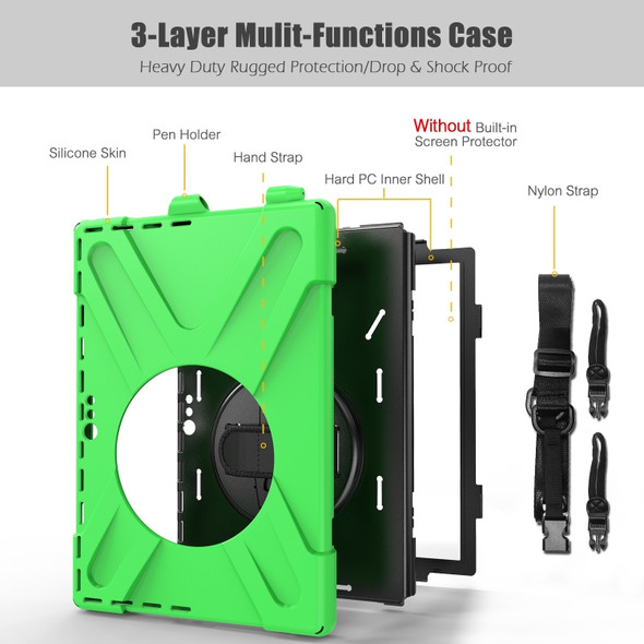 For Microsoft Surface Pro 4 / 5 Shockproof Colorful Silicone + PC Protective Case with Holder & Hand Strap & Pen Slot(Green)
