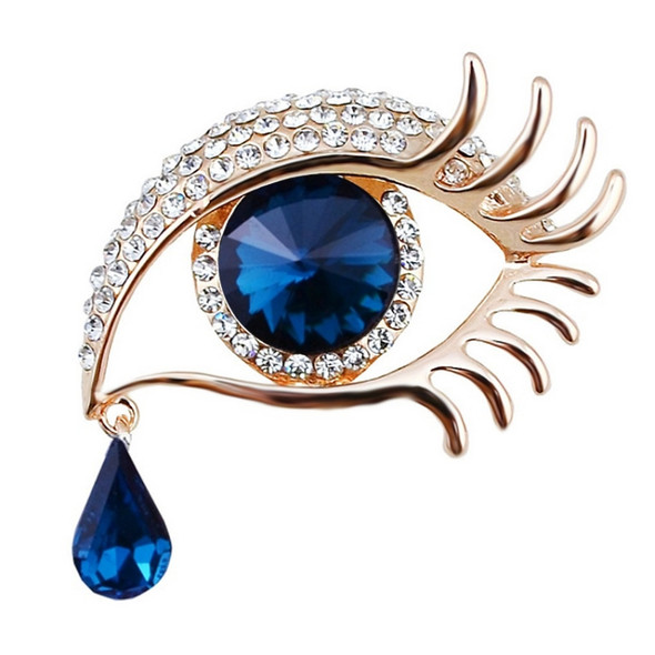 Fashion Angel Tears Brooch Pin Diamond Eyelash Corsage(Golden white diamond blue eyes)