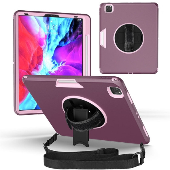 360 Degree Rotation Turntable Robot Shockproof TPU + PC Protective Case with Holder & Hand Grip Strap & Shoulder Strap For iPad Pro 12.9 2020(Purple+Light Purple )