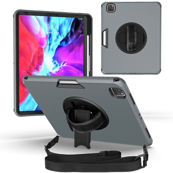 360 Degree Rotation Turntable Robot Shockproof TPU + PC Protective Case with Holder & Hand Grip Strap & Shoulder Strap For iPad Pro 12.9 2020(Grey Black)