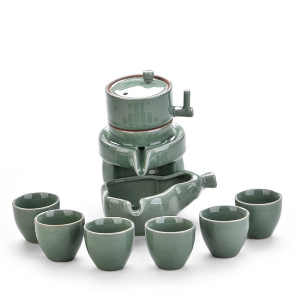 Retro Stone Grinding Creative Lazy Kung Fu Tea Ceramic Semi-automatic Teaware Set Business Gift Box(Ge Kiln Green)