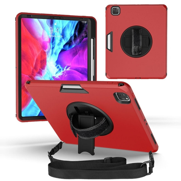 360 Degree Rotation Turntable Robot Shockproof TPU + PC Protective Case with Holder & Hand Grip Strap & Shoulder Strap For iPad Pro 12.9 2020(Red Black)