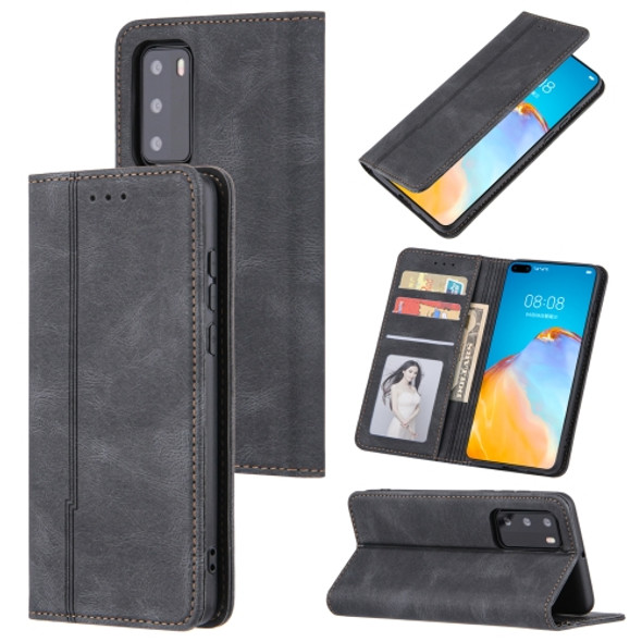 For Huawei P40 Skin Feel Pressure Line Magnetic Horizontal Flip Leather Case with Holder & Card Slot & Wallet & Photo Frame(Black)