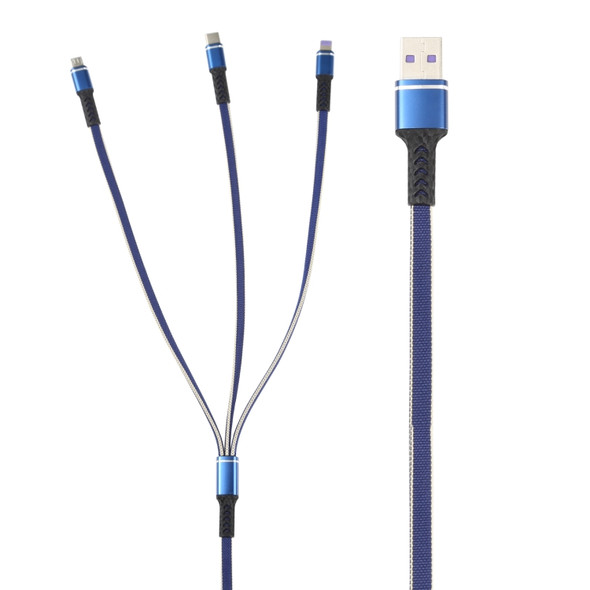 1.2m USB to 8 Pin + USB-C / Type-C + Micro USB 3 in 1 Nylon Braided Charging Cable(Blue)