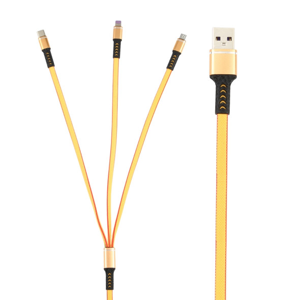 1.2m USB to 8 Pin + USB-C / Type-C + Micro USB 3 in 1 Nylon Braided Charging Cable(Yellow)