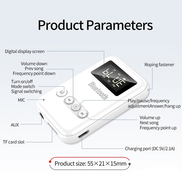 K6-W Bluetooth 5.0 Receiver Transmitter 2 in 1 Adapter Computer Speaker Car FM (White)
