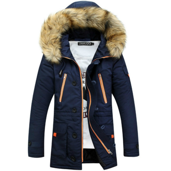 Long Section Cotton Suit Men Plus Velvet Thick Warm Jacket Large Fur Collar Coat Lovers Jacket, Size:S(Navy)