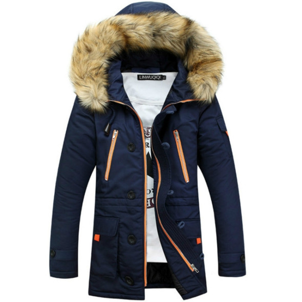 Long Section Cotton Suit Men Plus Velvet Thick Warm Jacket Large Fur Collar Coat Lovers Jacket, Size:M(Navy)