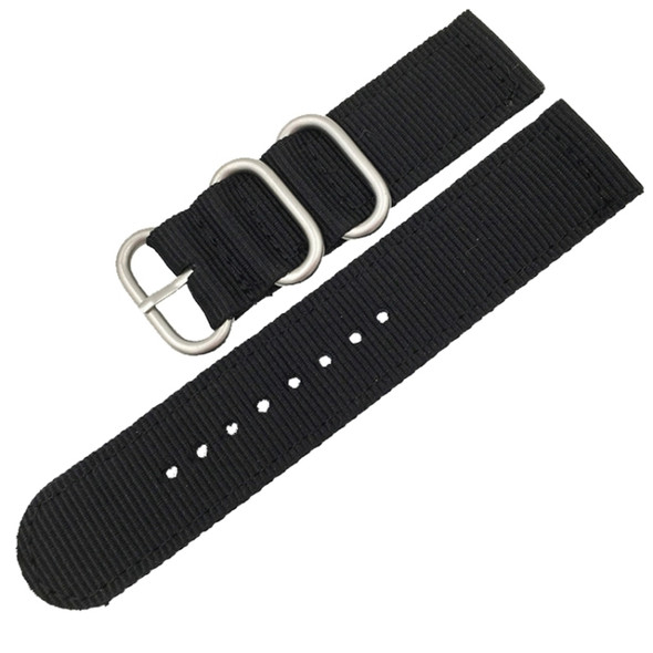 Washable Nylon Canvas Watchband, Band Width:20mm(Black with Silver Ring Buckle)