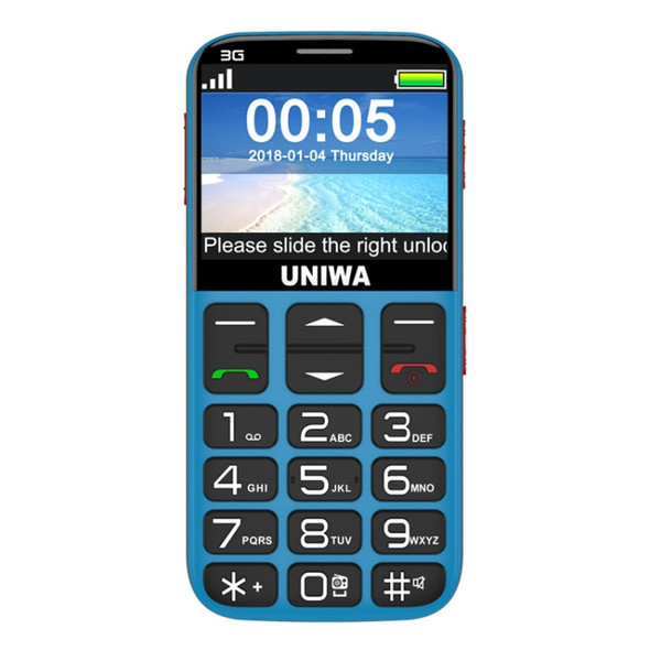UNIWA V808G 3G Elder Mobile Phone, 2.31 inch Arc Screen, 1400mAh Battery, 21 Keys, Support Bluetooth, FM, MP3, MP4, Network: 3G, with Docking Base (Blue)