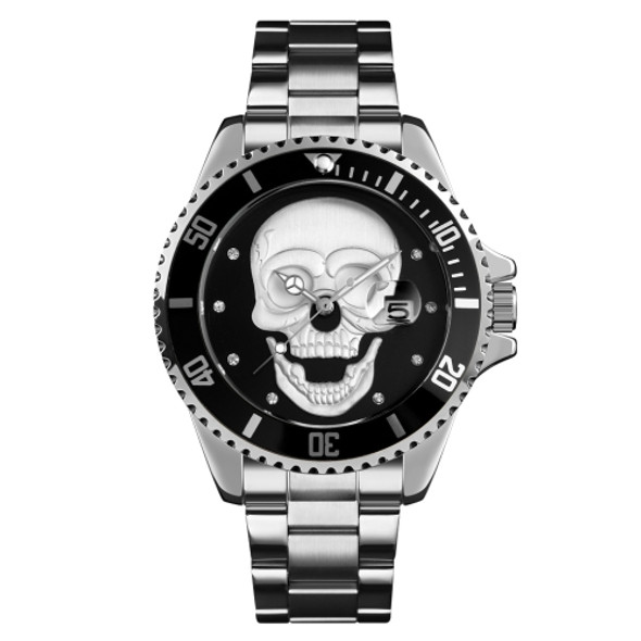 SKMEI 9195 Fashion Water-inlaid Drill Skull Nightlight Waterproof Quartz Watch Steel Strip Watch for Men(Silver Black)