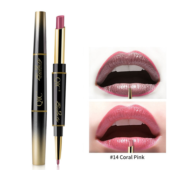 QIC Q909 2 in 1 Lipstick + Lipliner Makeup Long Lasting Cosmetics Lip Rouge(14-Coral Pink)