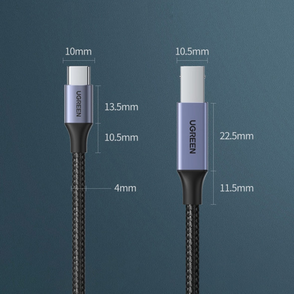 Ugreen Type-C / USB-C to Type-B Printer Nylon Braid Connect Data Cable, Length: 3m