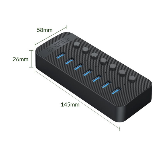 ORICO CT2U3-7AB-BK 7 In 1 Plastic Stripes Multi-Port USB HUB with Individual Switches, EU Plug(Black)