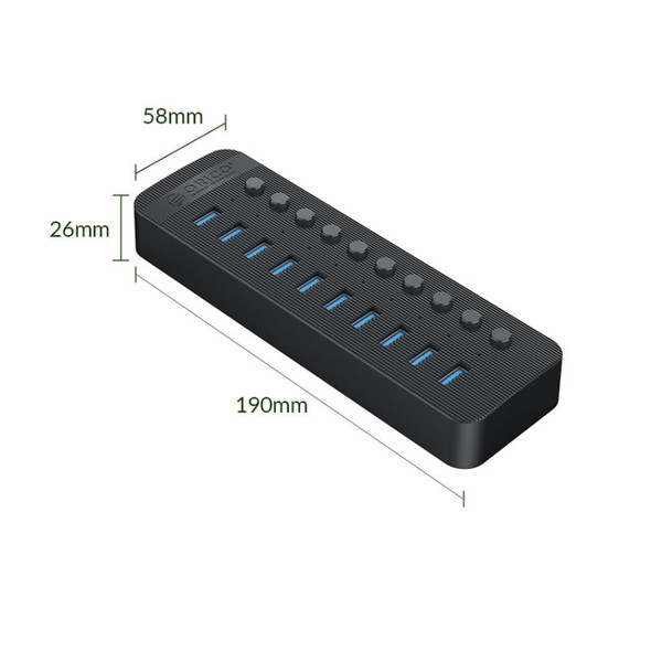 ORICO CT2U3-10AB-BK 10 In 1 Plastic Stripes Multi-Port USB HUB with Individual Switches, EU Plug(Black)