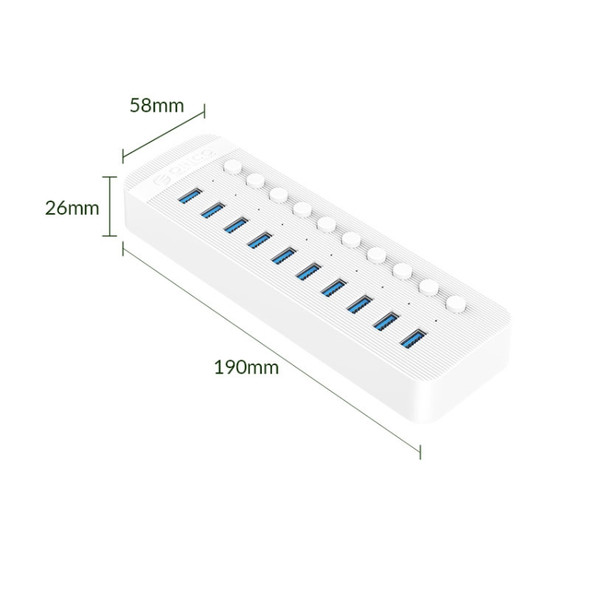 ORICO CT2U3-10AB-WH 10 In 1 Plastic Stripes Multi-Port USB HUB with Individual Switches, UK Plug(White)