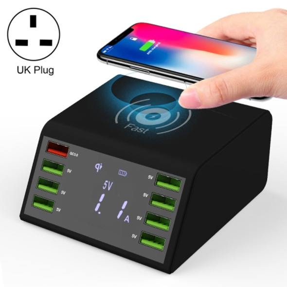 838W 9 in 1 QC 3.0 USB Interface + 7 USB Ports + QI Wireless Fast Charging Multi-function Charger with LED Display, UK Plug(Black)