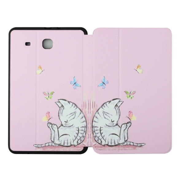 For Samsung Galaxy Tab E 9.6 T560/T561/T565/T567V Dual-folding Coloured Drawing Voltage Horizontal Flip PU Leather Case with Holder(Butterfly Cat)