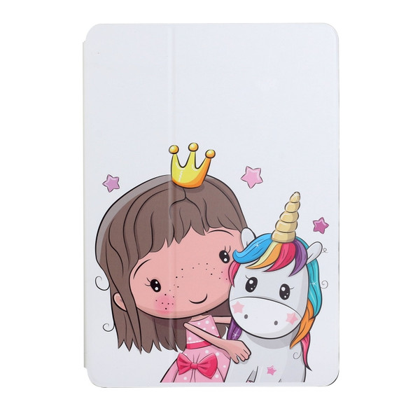 For Samsung Galaxy Tab E 9.6 T560/T561/T565/T567V Dual-folding Coloured Drawing Voltage Horizontal Flip PU Leather Case with Holder(Girl Unicorn)