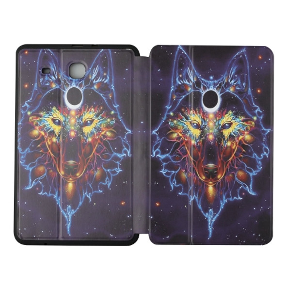 For Samsung Galaxy Tab E 9.6 T560/T561/T565/T567V Dual-folding Coloured Drawing Voltage Horizontal Flip PU Leather Case with Holder(Watercolor Wolf)