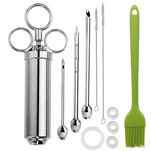 Stainless Steel Seasoning Steak Syringe Turkey Needle Set With Cleaning Silicone Brush(Green)