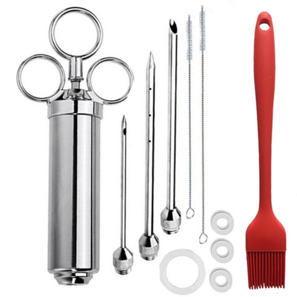 Stainless Steel Seasoning Steak Syringe Turkey Needle Set With Cleaning Silicone Brush(Red )