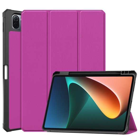 For Xiaomi Pad 5 Custer Pattern Pure Color TPU Smart Tablet Holster with Sleep Function & 3-Fold Holder & Pen Slot(Purple)