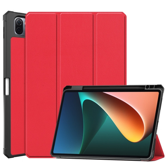 For Xiaomi Pad 5 Custer Pattern Pure Color TPU Smart Tablet Holster with Sleep Function & 3-Fold Holder & Pen Slot(Red)