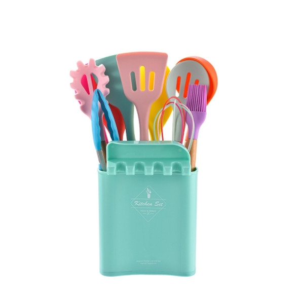 KU349 13 In 1 Storage Barreled Wooden Handle Silicone Kitchenware Set Non-Stick Cooking Spoon Shovel Kitchen Rack(Color)