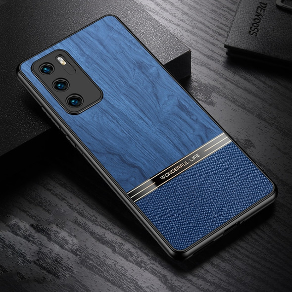 For Huawei P40 Shang Rui Wood Grain Skin PU + TPU Shockproof Case(Blue)