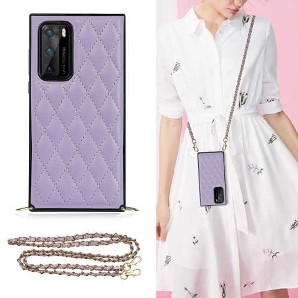 For Huawei P40 Elegant Rhombic Pattern Microfiber Leather +TPU Shockproof Case with Crossbody Strap Chain(Purple)