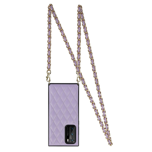 For Huawei P40 Elegant Rhombic Pattern Microfiber Leather +TPU Shockproof Case with Crossbody Strap Chain(Purple)
