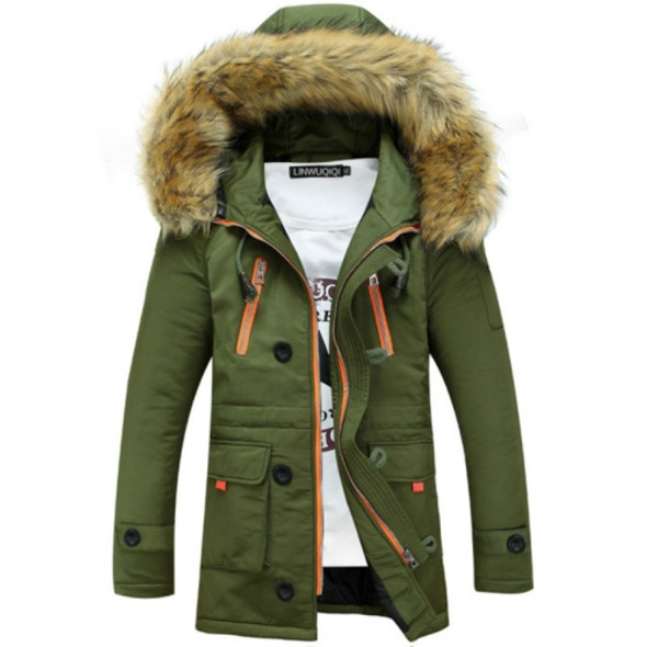 Long Section Cotton Suit Men Plus Velvet Thick Warm Jacket Large Fur Collar Coat Lovers Jacket, Size:XXL(Army Green)