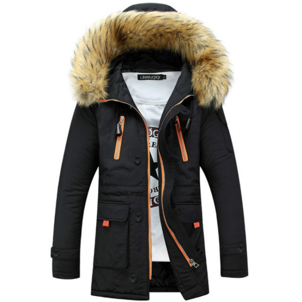 Long Section Cotton Suit Men Plus Velvet Thick Warm Jacket Large Fur Collar Coat Lovers Jacket, Size:XXXL(Black)