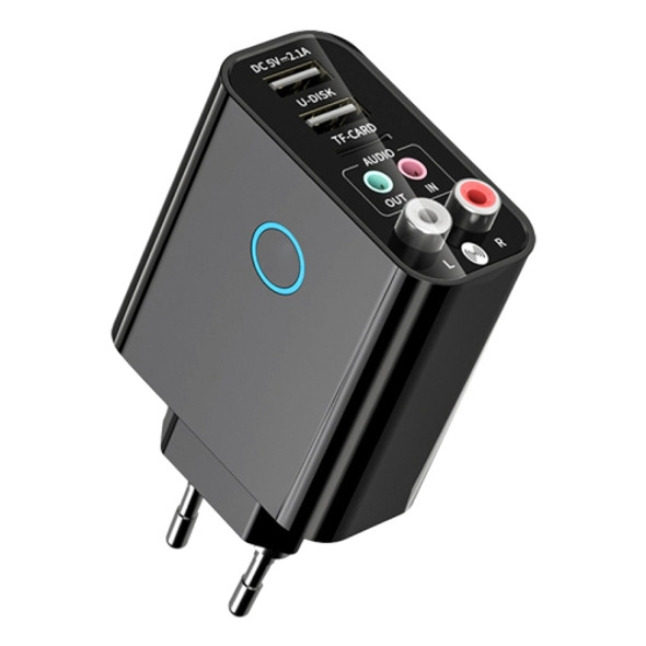 K16 2 in 1 3.5mm AUX + RAC Dual Output Plug-in Bluetooth 5.0 Audio Transmitter Receiver with Remote Control, EU Plug (Black)