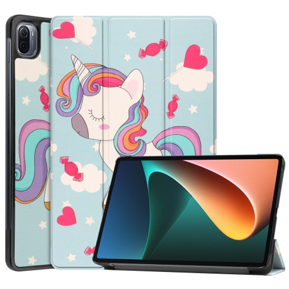 For Xiaomi Pad 5 Custer Painted PU Leather Case with Sleep / Wake-up Function & 3-Fold Holder(Unicorn)