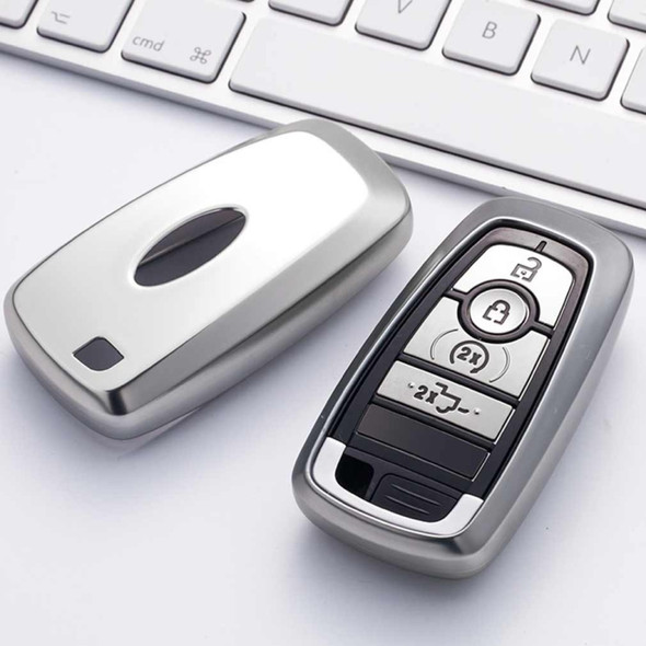 Electroplating TPU Single-shell Car Key Case with Key Ring for Ford New Mondeo / New Explorer / New Edge (Silver)