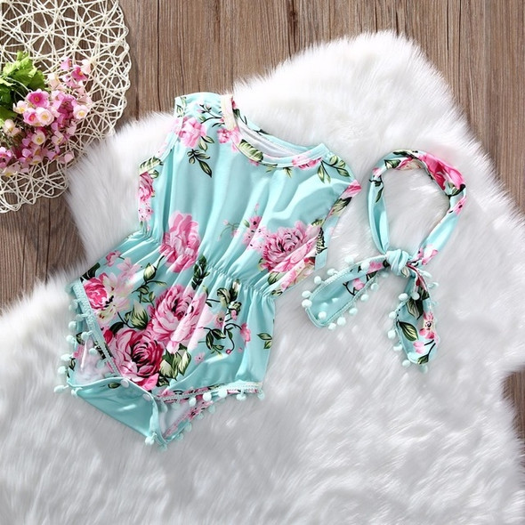 Summer Female Baby Floral Tassel Sleeveless Jumpsuit Romper + HairBand Set, Size:70cm(Green)