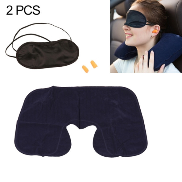 2 PCS 3 in 1 Outdoor Travel PVC Flocking Inflatable U-Pillow & Car Travel Soundproof Earbuds & Blackout Blind Set, Random Color Delivery