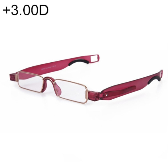 Portable Folding 360 Degree Rotation Presbyopic Reading Glasses with Pen Hanging, +3.00D(Wine Red)