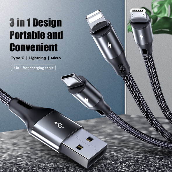 ROCK G18 Flash Charge Series 3 in 1 Data Cable USB to 8PIN + USB-C / Type-C + Micro USB Charging Cable, Cable Length: 120cm