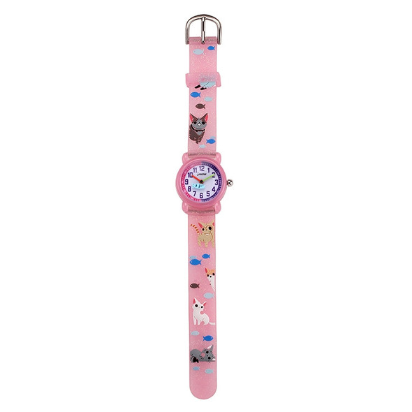 JNEW A335-86264 Children Cartoon 3D Kitten Catching Fish Silicone Waterproof Quartz Watch( Pink)