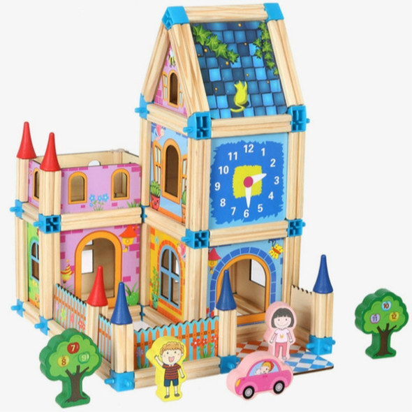 Colorful Children Toy Building Blocks Wooden Model Stereo Puzzle House 128 PCS